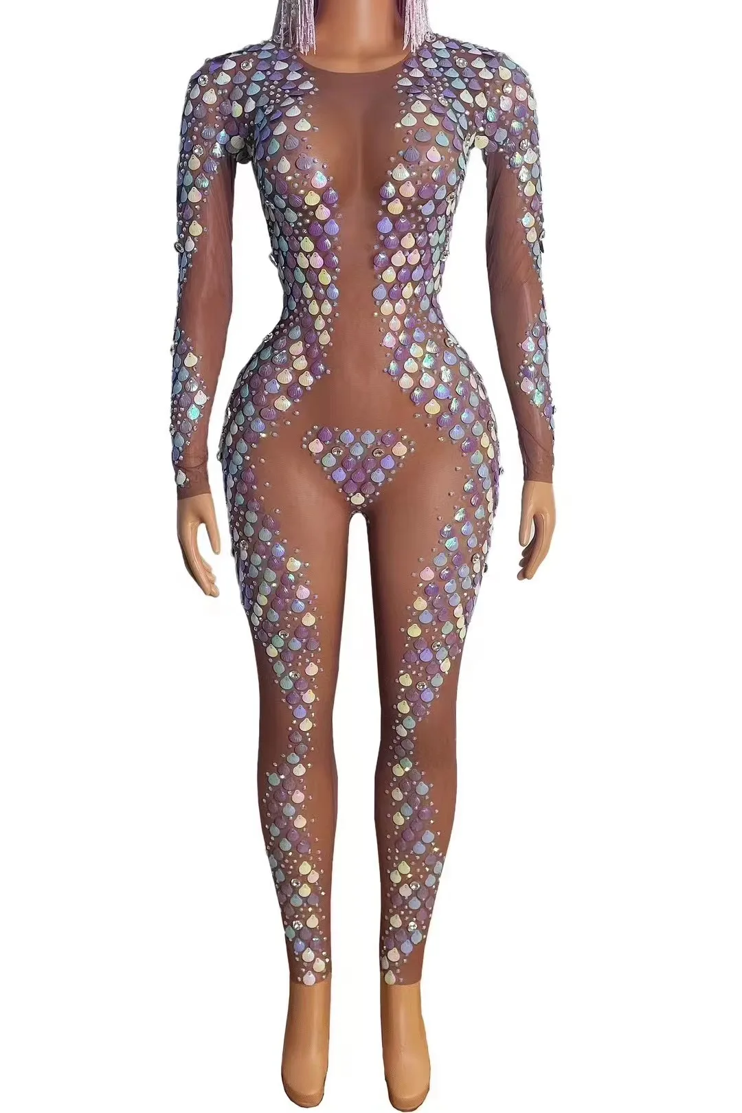 

Multi-color Sequins Rhinestones Transparent Jumpsuit Women Dance Show Bodysuit Evening Birthday Celebrate Costume caibei