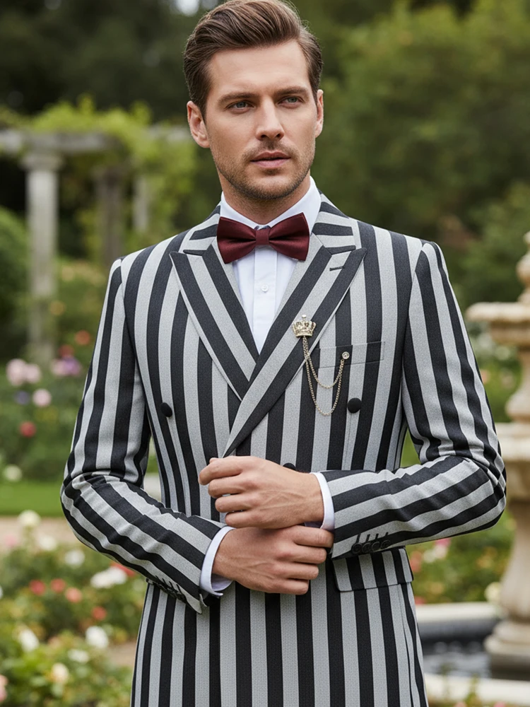 ST Cassy trajes de hombre de alta calidad vestido de noche a rayas de moda doble botonadura Slim Fit chaqueta de 2 piezas pantalones