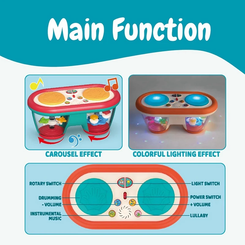 جهاز عرض طبل موسيقي مع موسيقى للأطفال ، لعبة موسيقية للأطفال ، بلاستيك أحمر وأخضر ، تغيير اللون ، إضاءة ليلية ، 1: 1000