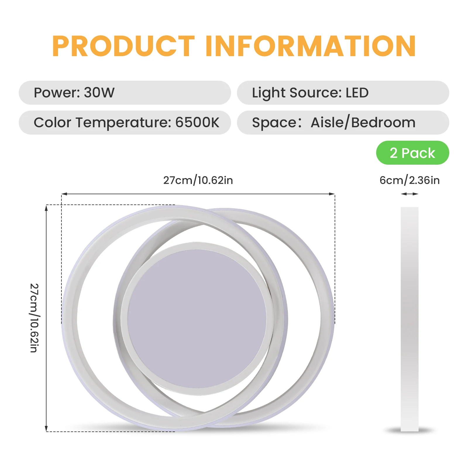 2er-Pack moderne LED-Deckenleuchten, 36 W, warmweiß, 3000 K, weiße runde LED-Deckenbeleuchtung für Schlafzimmer, Flur, Balkon, Korridor – Detail 3