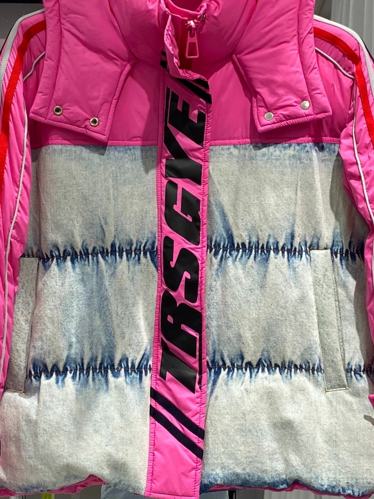 2025 Winter Down Jacket Women Denim Splicing Contrast Color Letter Parkers Thick White Duck Puffer Coat Short Trendy Commute Top