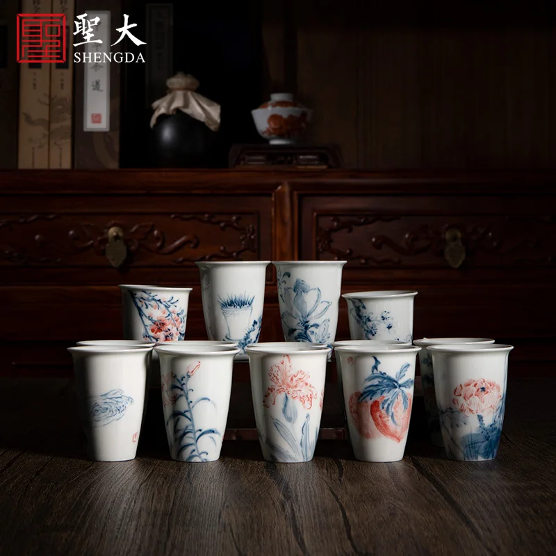 |blue and white basin red flower pattern smelling cup Jingdezhen pure hand-painted high-grade porcelain Kung Fu tea cup