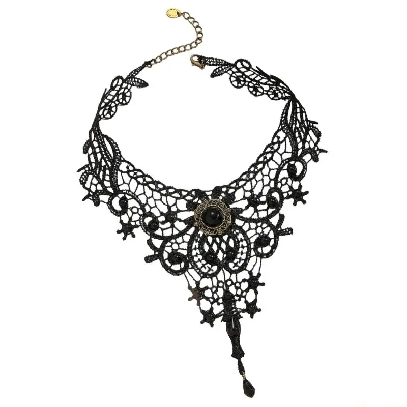 31BF Kanten choker kettingen Gothic Steampunk Kanten chokers met kristallen halsketting Kraag Vampieren Choker Vintage dikke