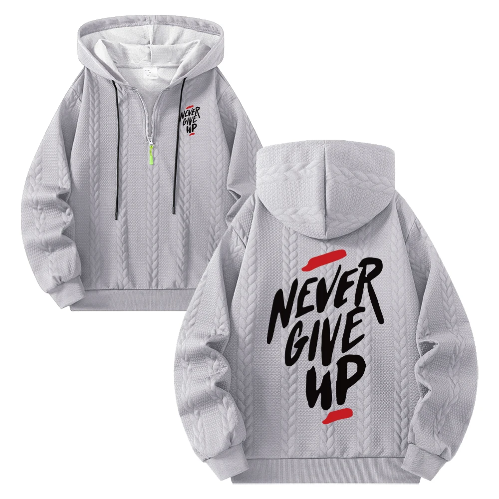 Men's Inspirational Slogan Printed Cable Jacquard Half Zip Hoodie Loose Casual Pullover Autumn Everyday Fitness Commute Top