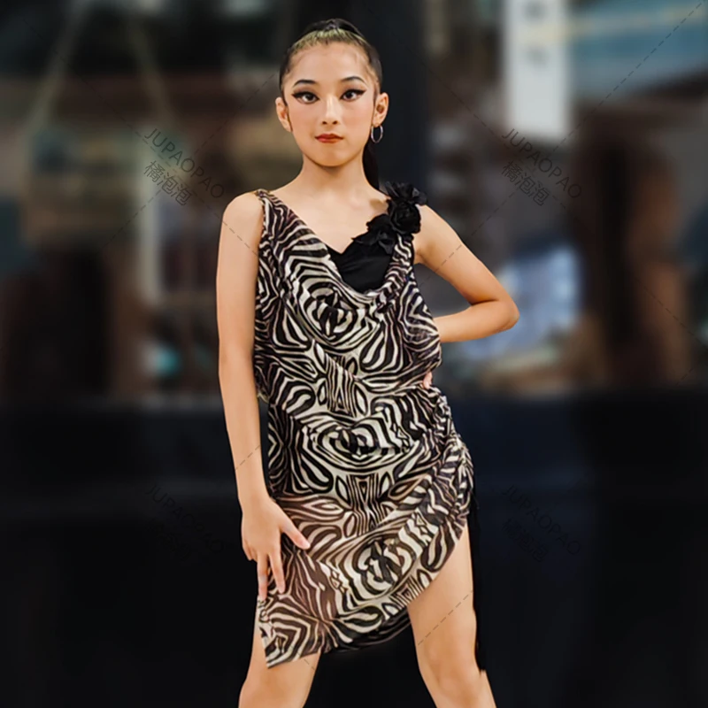 

Summer Girls Latin Dance Dress Kids Cha Cha Rumba Samba Ballroom Dance Competition Dress Practice Wear Drawstring Dress