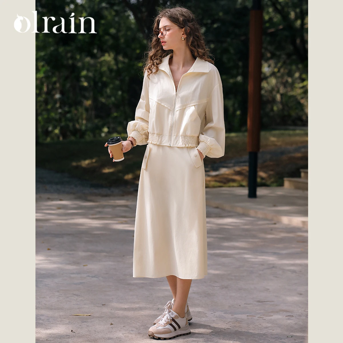 

OLrain 2 Piece Skirt Sets 2025 Spring Ruffled Hem Lantern Sleeve Zipper Jackets Elastic Waist Pockets A-line Skirts O24CE90609