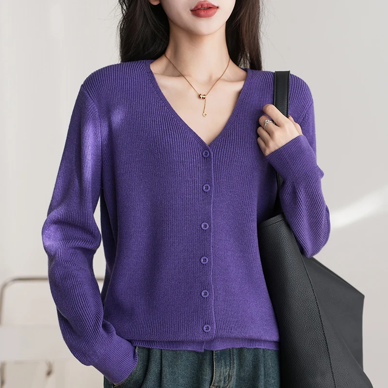 Damesbovenkleding Lente en herfst 100% puur katoen Gebreide trui V-hals Lange mouwen Losse tops Modieus Koreaans jasje