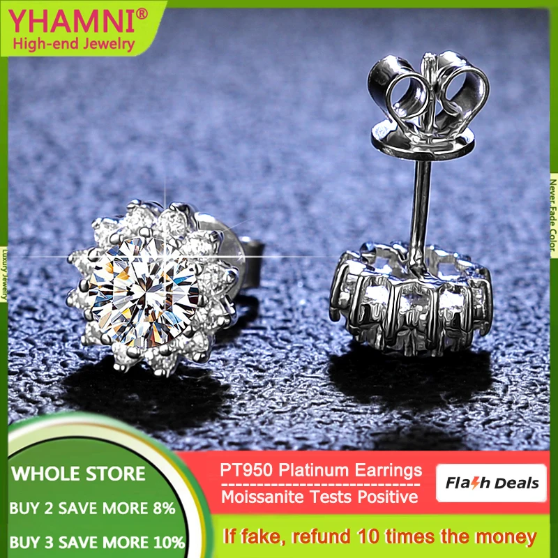 

YHAMNI Luxury PT950 Platinum Moissanite Stud Earrings Single 0.5 Carat D VVS1 Lab Diamond Snowflake Ear Studs For Women Jewelry