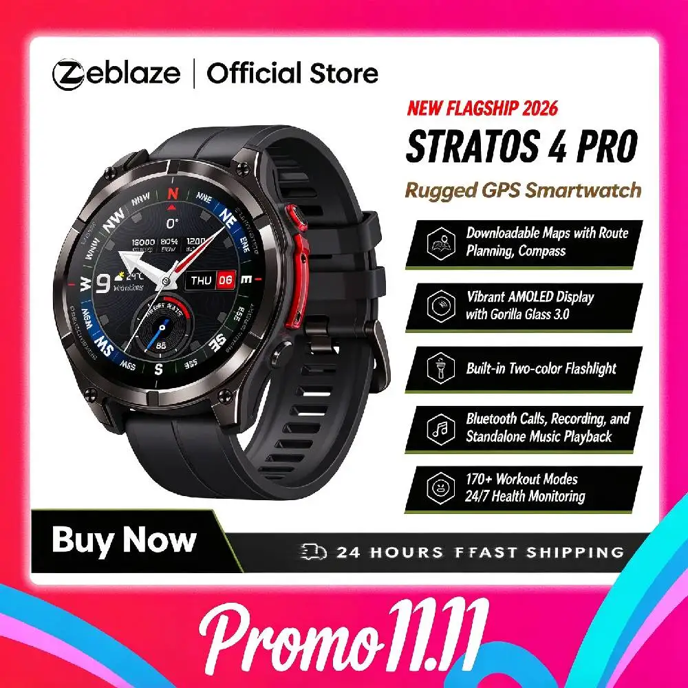 New Zeblaze Stratos 4 Pro GPS Smart Watch 1.43''AMOLED Display Dual-Color Flashlight Music Storage 170+ Workout Modes SmartWatch
