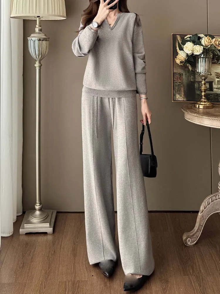 

Casual V-Neck Pullover Knitted Sweater+Wide Leg Pants Two-Piece Set 2025 New Fashionable Autumn Women'S Clothing