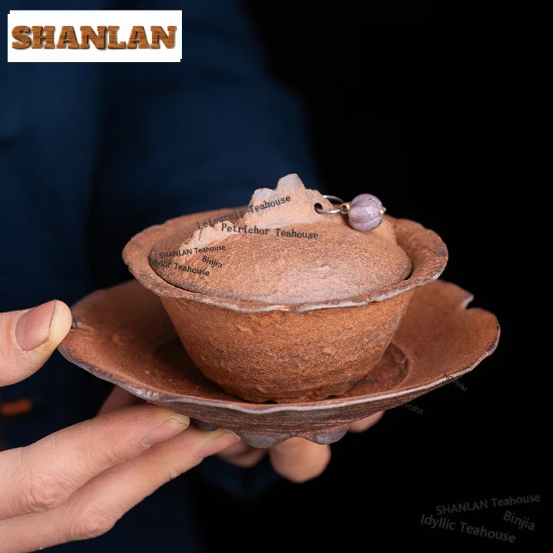 HOYIHM 150ml Coarse Clay Stone Pattern Gaiwan Vintage Tea Tureen Tea Bowl With Lid Kit Tea Maker Cover Bowl Drinkware Ornaments