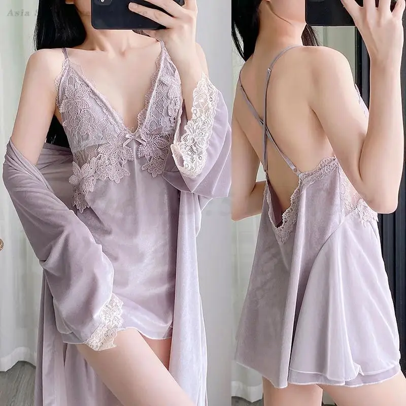 

Бархатная ночная рубашка и халат, женский осенне-зимний комплект одежды для сна, повседневное кимоно, халат, сексуальное интимное белье, свободная домашняя одежда