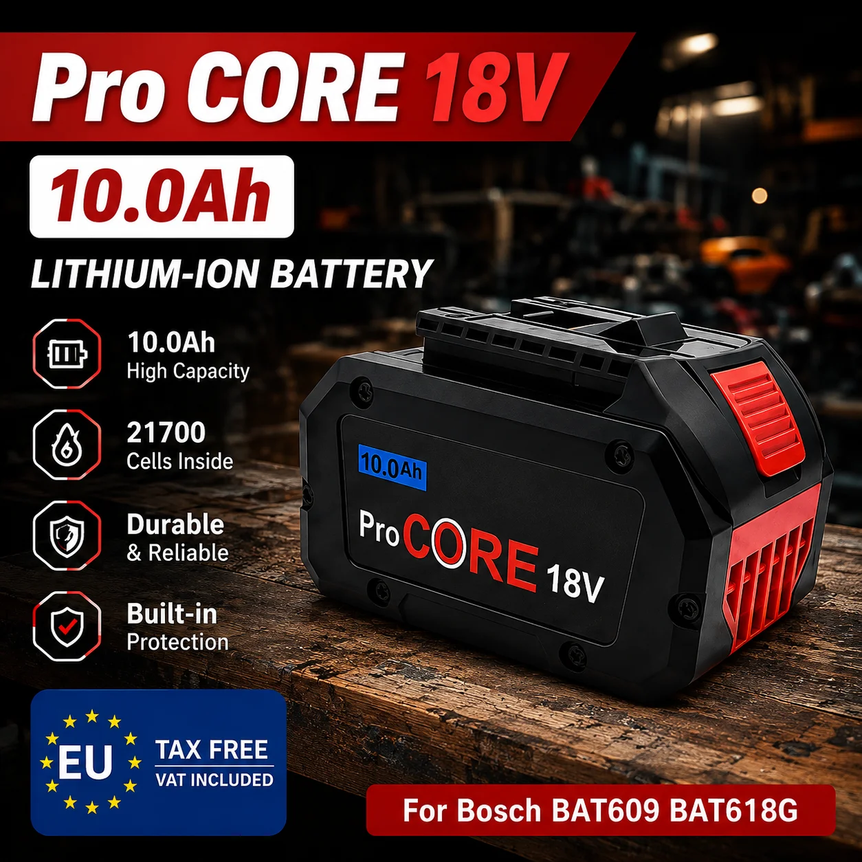 Hochleistungsfähiger 18V 10,0Ah ProCORE Ersatz-Lithium-Akku für Bosch Akku-Werkzeuge BAT609 BAT618 GBA18V80 mit integrierten 21700-Zellen
