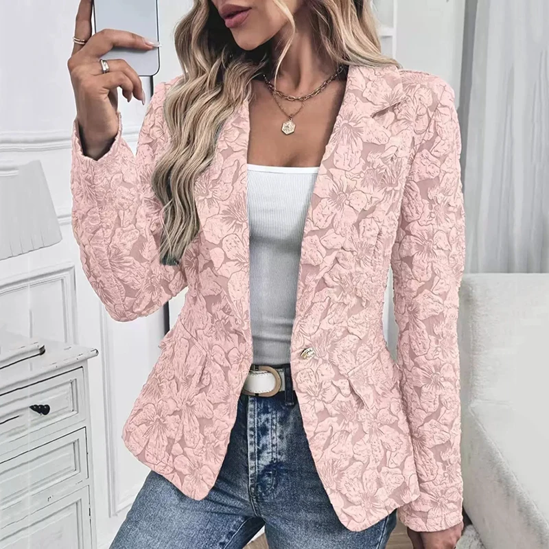 Fashionable Casual Turn Over Collar Women's Spring Autumn Short Jacket 2026 New Vintage Women's Jacquard Slim Women Suit H782