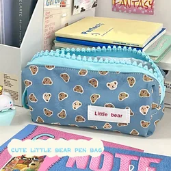 Bolsa de bolígrafo con estampado de oso pequeño, estuche de lápices de gran capacidad, almacenamiento creativo con cremallera grande, bolsa de papelería, bolsa de maquillaje