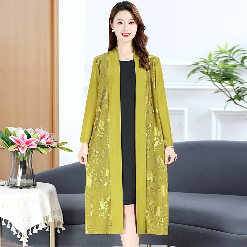 5XL Mesh Jacquard Windbreaker For Middle-Aged Women Long Shawl Cardigan Summer Mothers Sunscreen Clothes Thin Gauze Cloak Female