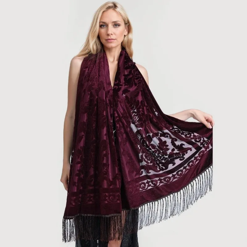 

The new ethnic-style elegant velvet cheongsam shawl versatile long fringe scarf warm air-conditioning shawl