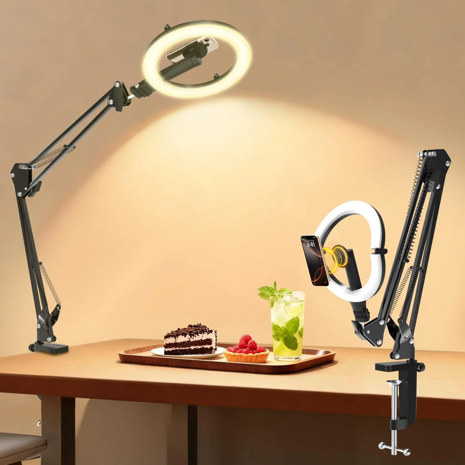 

Magnetic Overhead Phone Mount with 10” Ring Light, 5000mAh Flexible Articulating Circle Lamp Table Tripod, iPhone Stand