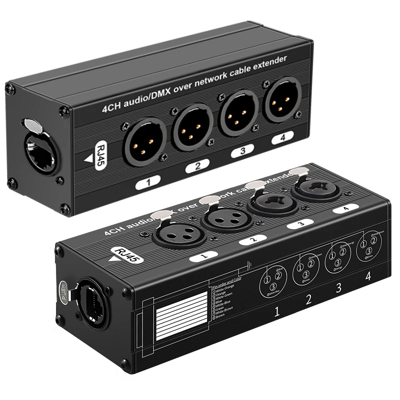 High Stability 4 Channel XLR to Ethernet Extender, Supports DMX for Mic, Speaker, Stage Light & Amplifier