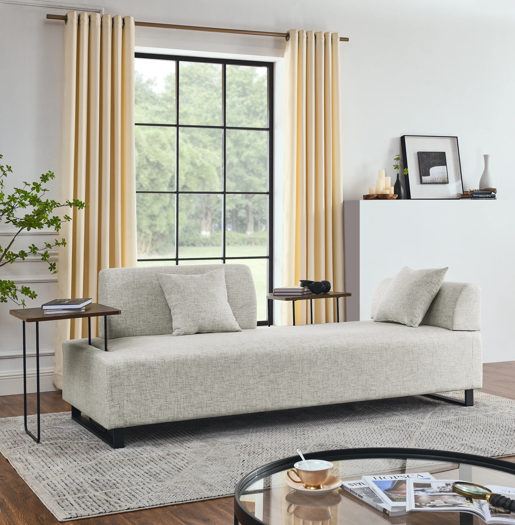 3-seater sofa in linen fabric for the crowd with two coffee tables and two pillows, removable backrest and armrests, contemporar