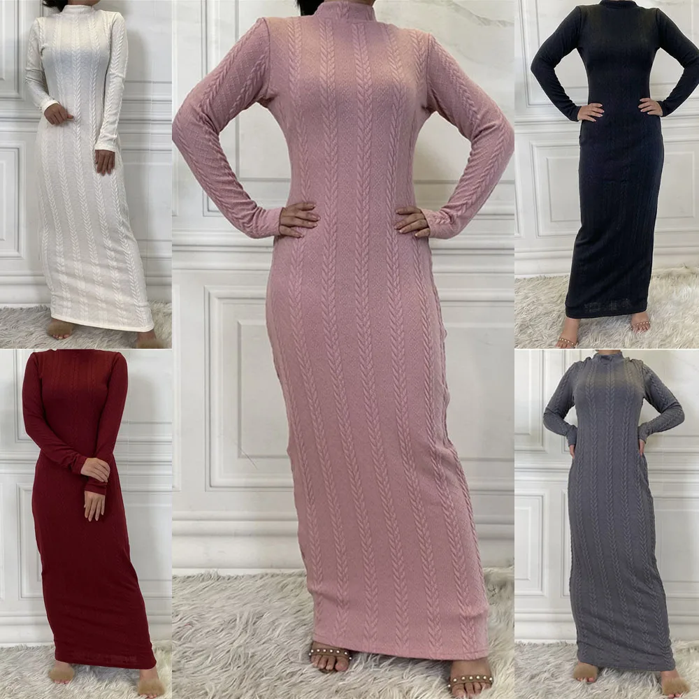 

Autumn Winter Warm Women Cotton Knitted Long Dress Muslim Islamic Turkey Long Sleeve Dress Turtleneck Thick Solid Color Abaya