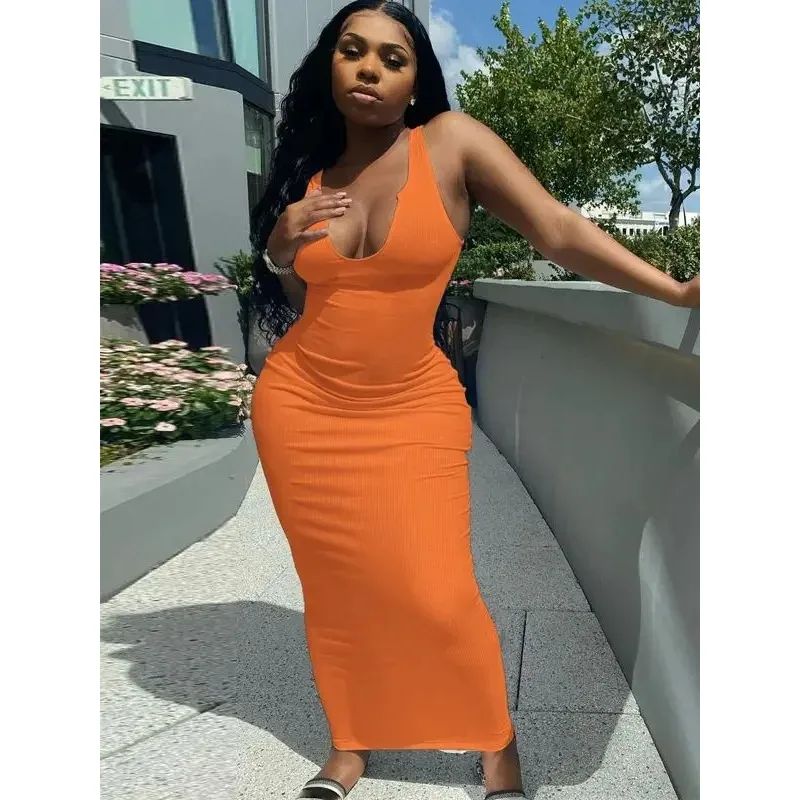 فستان نسائي مضلع محبوك مخطط بدون أكمام فستان ميدي برقبة على شكل V مثير ملابس خروج للحفلات والنوادي صيفي أنيق