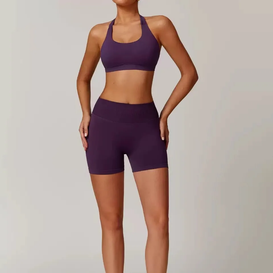 2pcs Seamless Halter Neck Yoga Suit Jacket for Women Sports Bras Shorts Beauty Back Top Running Fitness Pants Stretch Tight Set image 4