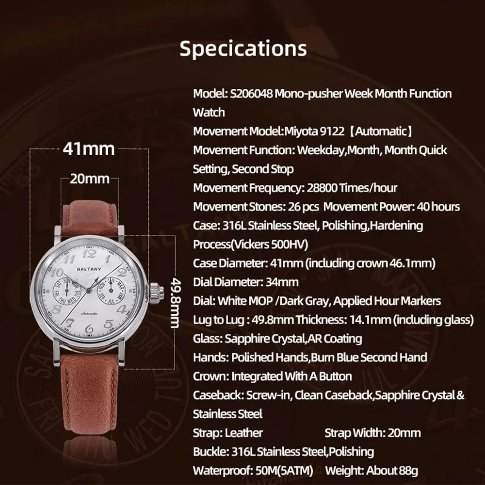 Baltany Mono-pusher Function Watch 9122 Auto S6048 Week Month Hardening Process MOP Dial Leather Retro Dress Wristwatch S6048