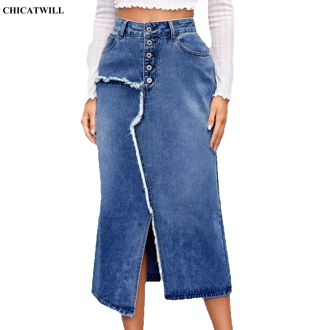 CHICATWILL Vintage Frayed Irreguar Split Denim Skirt For Women Elegant Fashion Button-Fly High Waist A-Line Skirts Casual Bottom