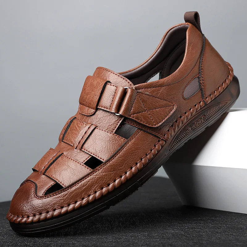 

Leather Sandals Baotou 2025 Summer New Genuine Leather Breathable Hollow Porous Shoes Men's Tendon Soft Bottom Middle-Aged Dad