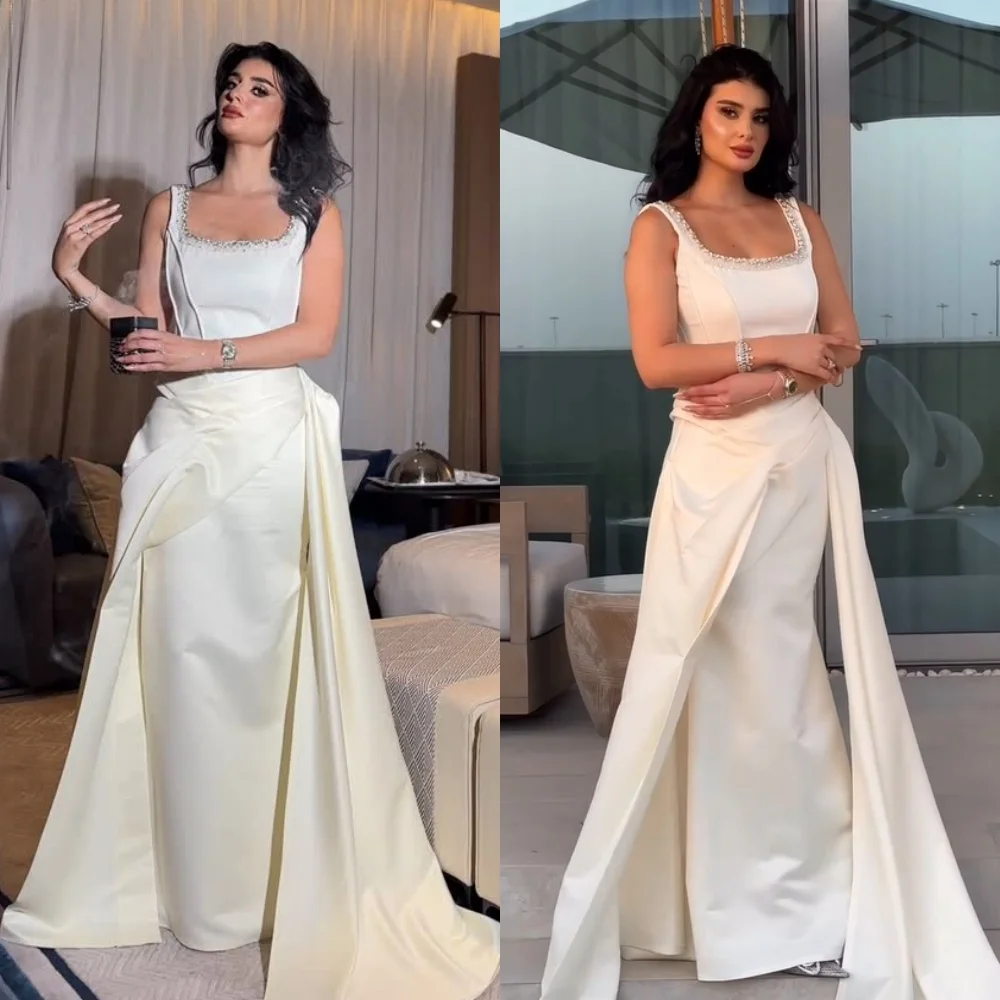 Personalizado requintado elegante plissado miçangas lantejoulas drapeado em linha reta pescoço quadrado vestidos longos sob medida vestidos de ocasião formal