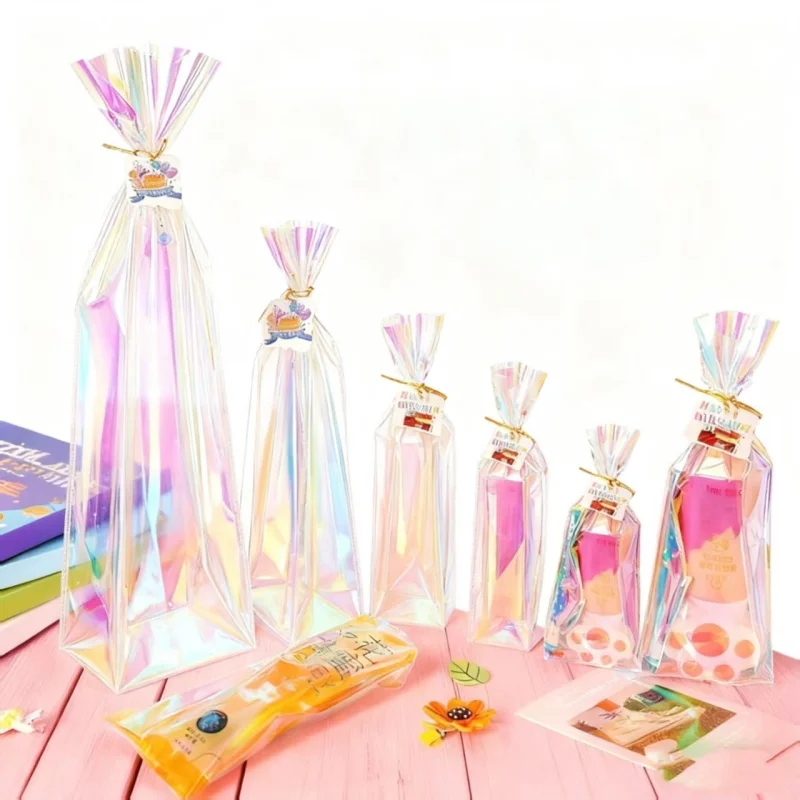 

50PCS Glossy Holographic Laser Open Top Bag, Gold Ties Spice Bread Snack, Sugar Flower, Wedding Gifts, Rainbow Storage Pouches