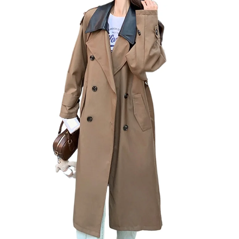 

New in Outerwear Spring Autumn Women Trench Coat Detachable Leather Collar Windbreaker Chic Baggy Long Coat knee length jacket