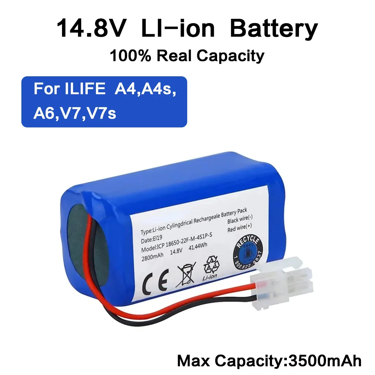 Batterie Lithium Originale pour Aspirateur Robot ILIFE A4 A4s V7 horizon V7s Plus, Capacité Réelle 14.8, 3500 V, 18650.00 mAh, ILIFE 4S1P