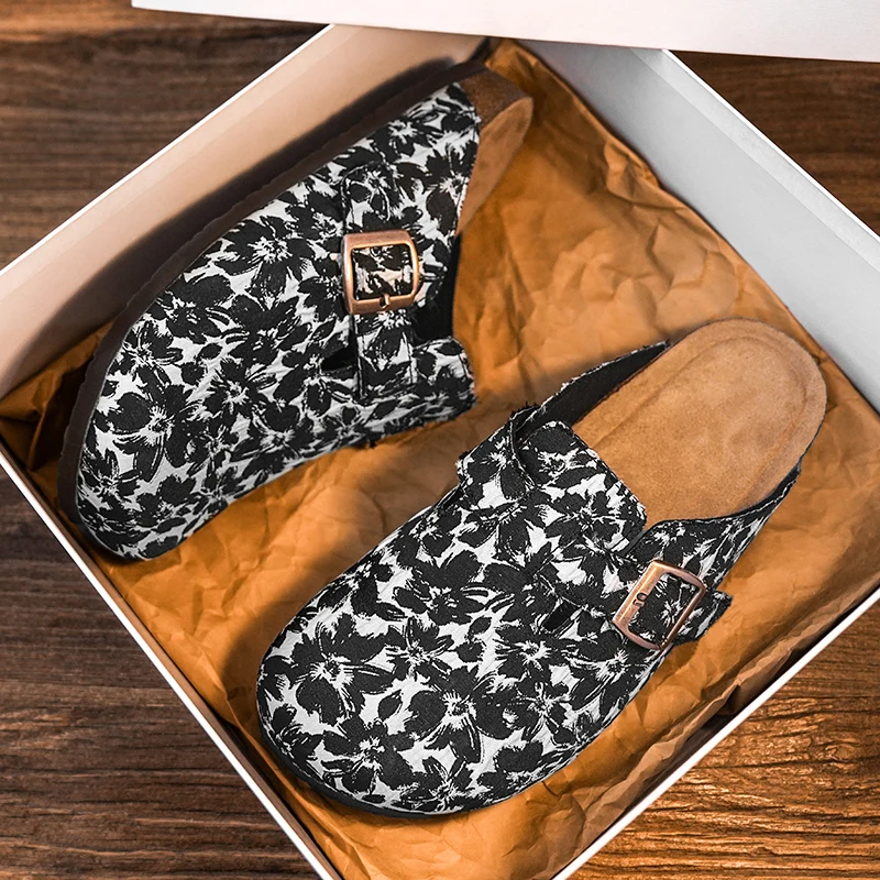 

Black Flowers Mules Closed Toe Slides Sandals Half Shoes For Men Backless Loafers Slippers Oepn-Back Casual Shoes Slip On Flats