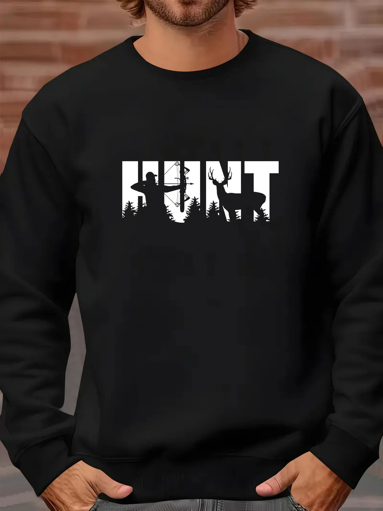 Men'S Casual Long Sleeve Crew Neck Sweatshirt with "HUNT" Deer Graphic Print - Beige, Loose Fit