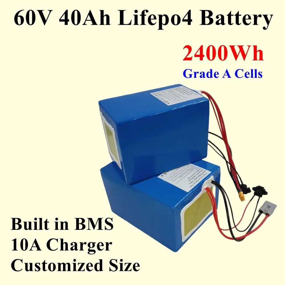 

Batterie au lithium LiFePO4 avec 20S BMS, cycle profond, vélo électrique 3000W, scooter , motor AGV, charger 10A, 60V, 40Ah