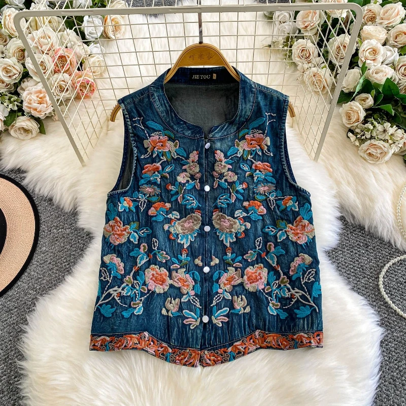 

New Chinese style retro round neck vest women's spring new high-end heavy industry flower embroidery fashionable denim top