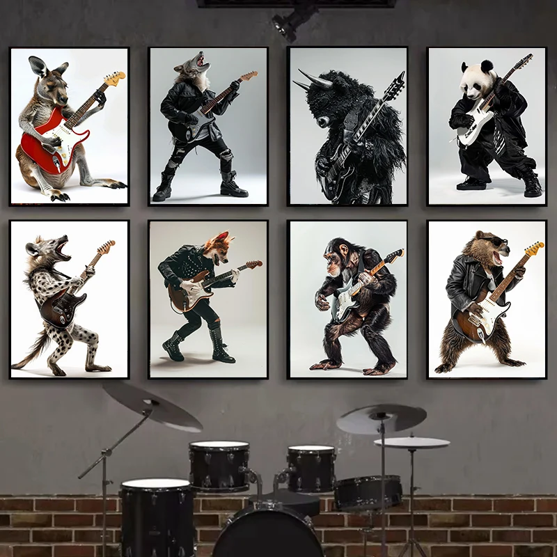 Funny Animal Print Canvas Painting Wildlife Bison Chimpanzee Playing Guitar Posters Wall Art Pictures for Home Decor Mural