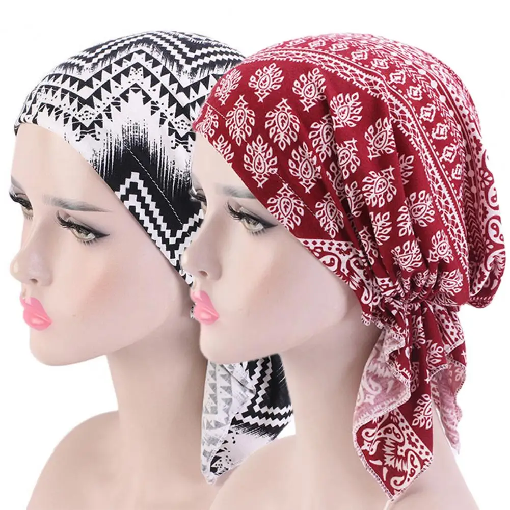 

Muslim Hijab Classic Print Foldable Headscarf Cap Cotton Blend Ruffles Edge Stretchy Sleep Beanie Muslim Hat Wrap