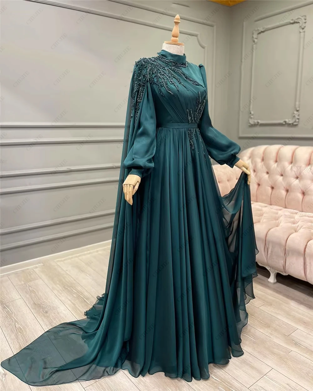 

Customized O-neck Full Sleeve Robe Party Dress Elegant Teal Long Sleeve Muslim Formal Dress Beaded Arab Ball Evening Dress 2025