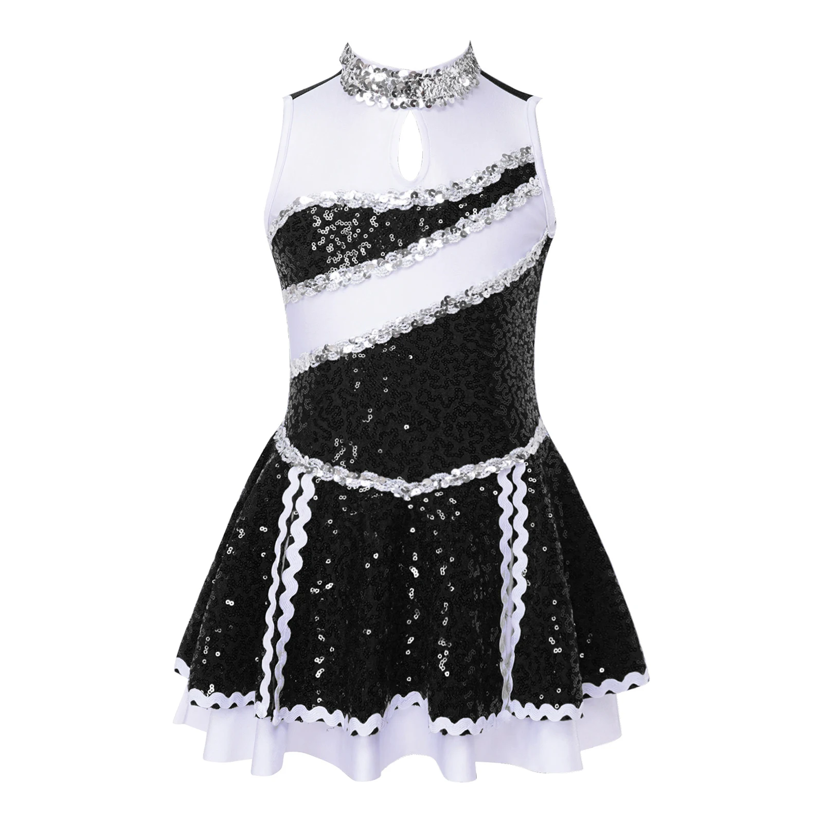 Kids Girls Cheerleading Uniform Sleeveless Shiny Sequins Dance Dress Figure Skating Gymnastics Leotard Stage Performance Costume