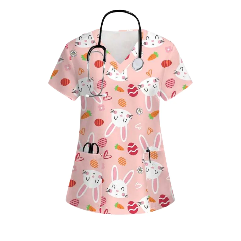 Cartoon Animal Nursing Scrubs Tops Women Nurse Uniform Women Fashion V-Neck Pocket Overalls Medical Uniforms Uniformes Woman ﻿