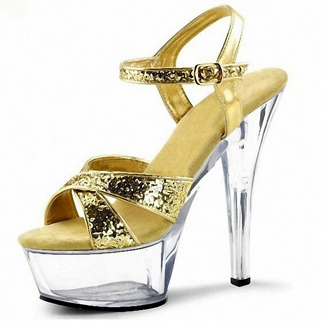 

Gold Dress Pole Dance Shoes 15cm Heels Peep Toe Sandal Stripper Exotic Sexy Party Big Size Flash of Light Roman Style