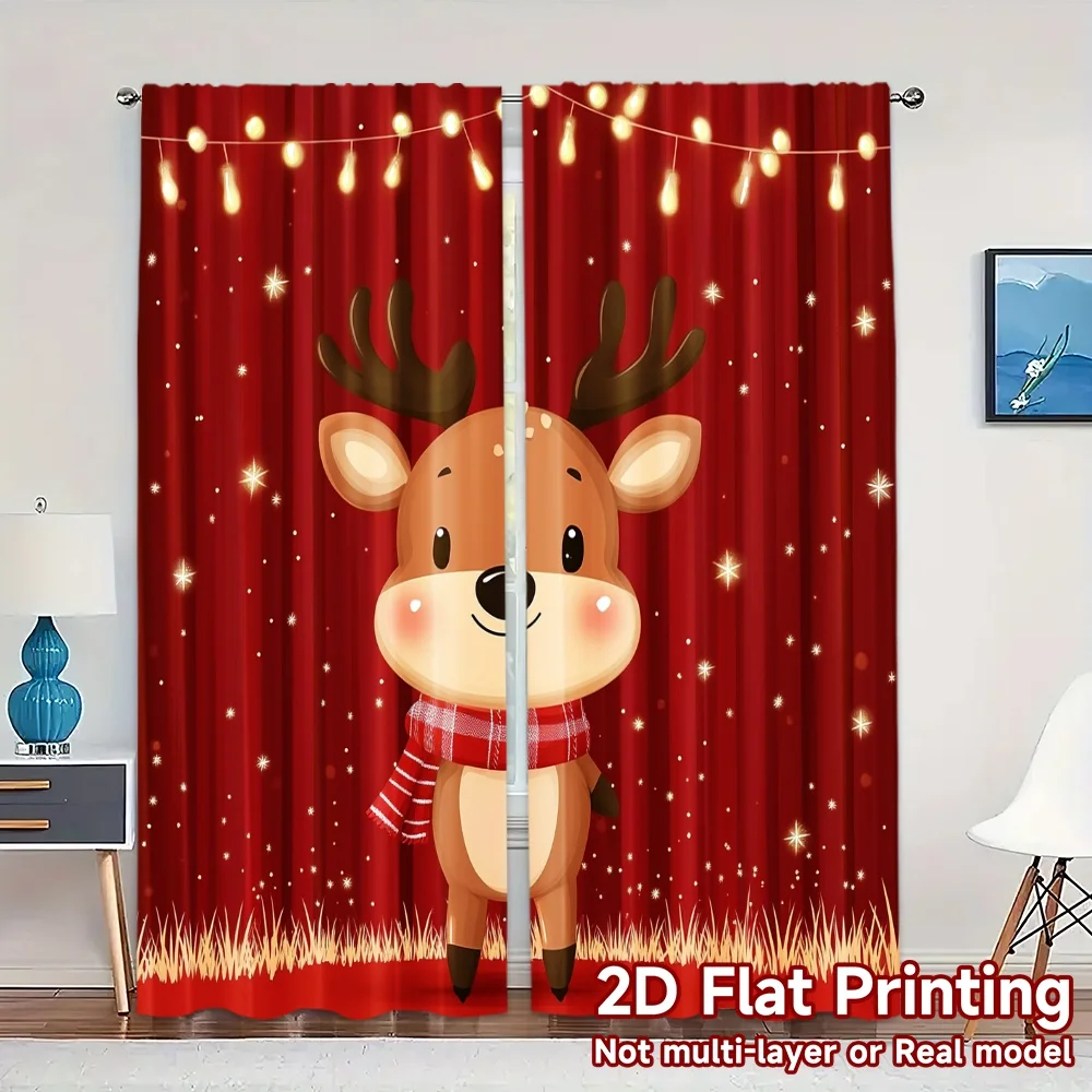 2pcs,Curtains Cute Christmas Reindeer Scarf Popular Popular Curtain Versatile Durable Polyester Curtains Holiday Suitable for