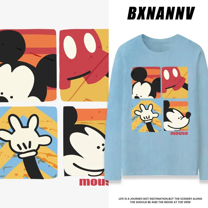 

Mickey Mouse Cartoon Co-name Long Sleeve T-shirt Men's New Fall Trend Pure Cotton Disney Round Neck Clothes For Teenagers