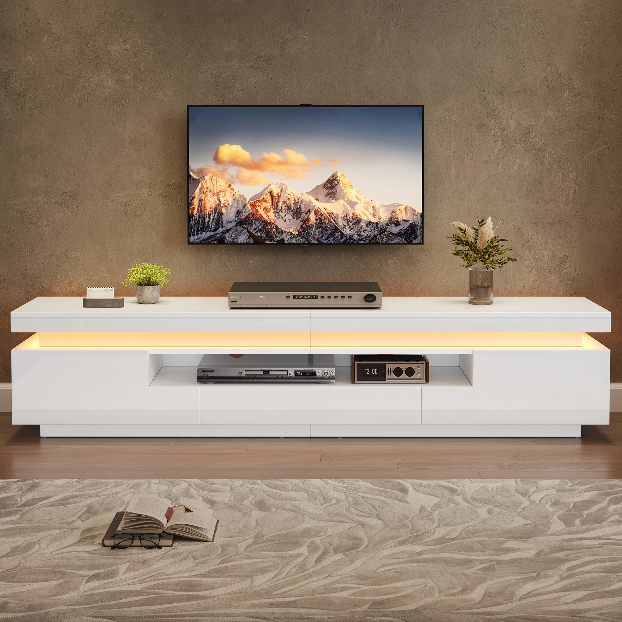 Mueble de TV para salón, 2 gabinetes en forma de L, 1 cajón, mueble de salón de alto brillo con LED, placa inferior con espacio de almacenamiento semiabierto, mueble de TV de pie apto para televisores de aproximadamente 75 pulgadas, 175*38*45 cm