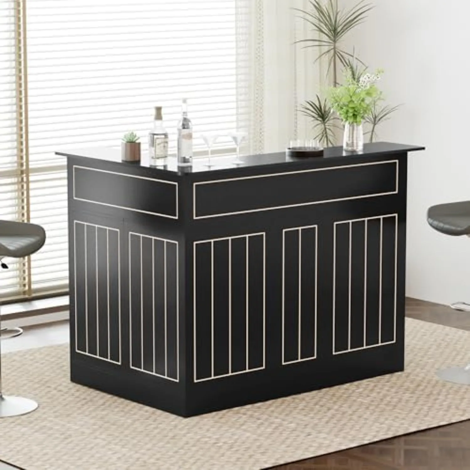 L-Shaped Home Bar Unit with Power Outlet, 4-Tier Corner Liquor Bar Cabinet with Storage Shelves, Drawer, Wine Glasses