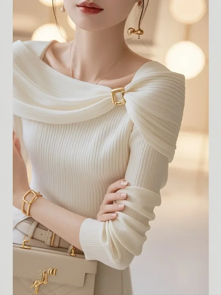 2025 Spring High Street Brand Design Shawl Sweater Aesthetic Top Women Formal Elegant Slim Fit Jumper Winter Niche Solid Clothes