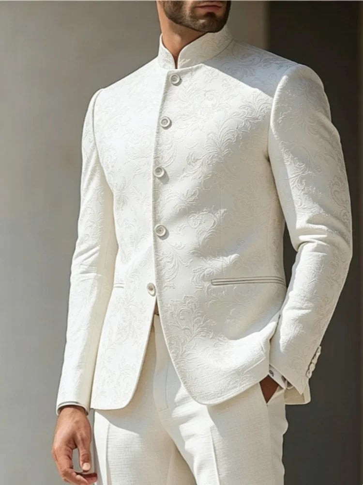 Mens Mandarin Collar Slim Fit Outerwear Brocade Jacquard Pattern Luxury Wedding Party Wear Blazer